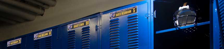 Personalized locker plates in a football locker room